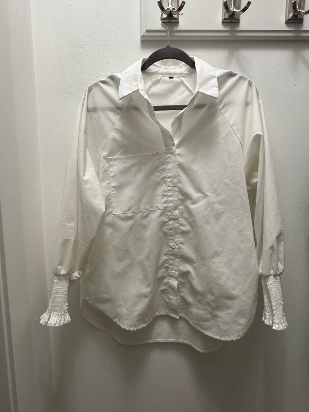 Crisp White Button-Front Blouse with Shirred Cuffs